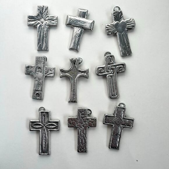 9 Piece Lot Small Handmade Pewter Silver Religious Artistic Crosses 3" - Picture 1 of 4